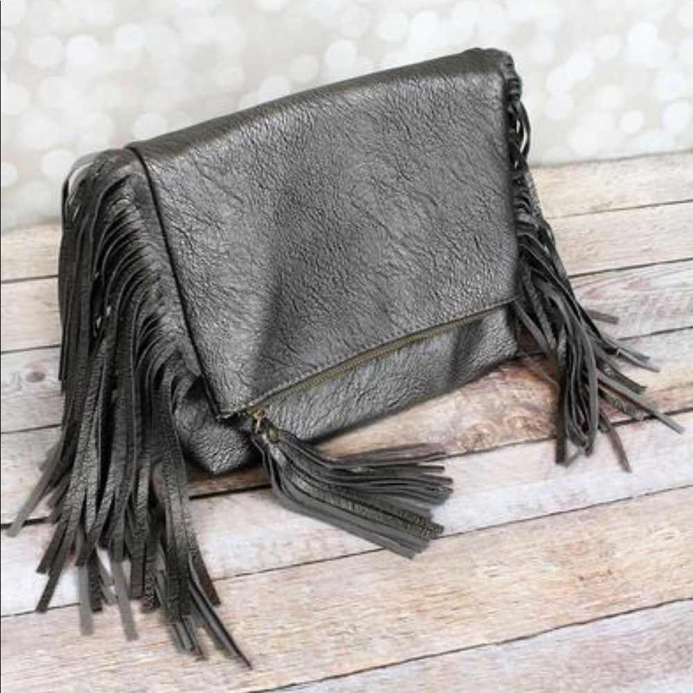 FINAL—Metallic Charcoal Fringe Fold Over Leather Clutch!! Vegan Leather & BNWT!!